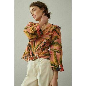 Anthropologie Farm Rio Yasmine Ruffled Blouse Palm Tree Size S NEW